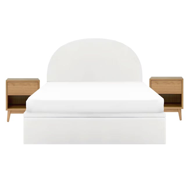 Aspen Queen Storage Bed in Cloud White with 2 Kyoto Top Drawer Bedside Table in Oak - 0