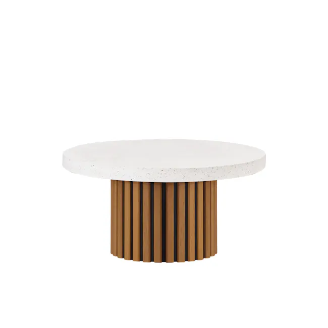 Ellie Round Terrazzo Coffee Table - 1 - Modern dining table with white top and wooden slats, minimalist design, sleek