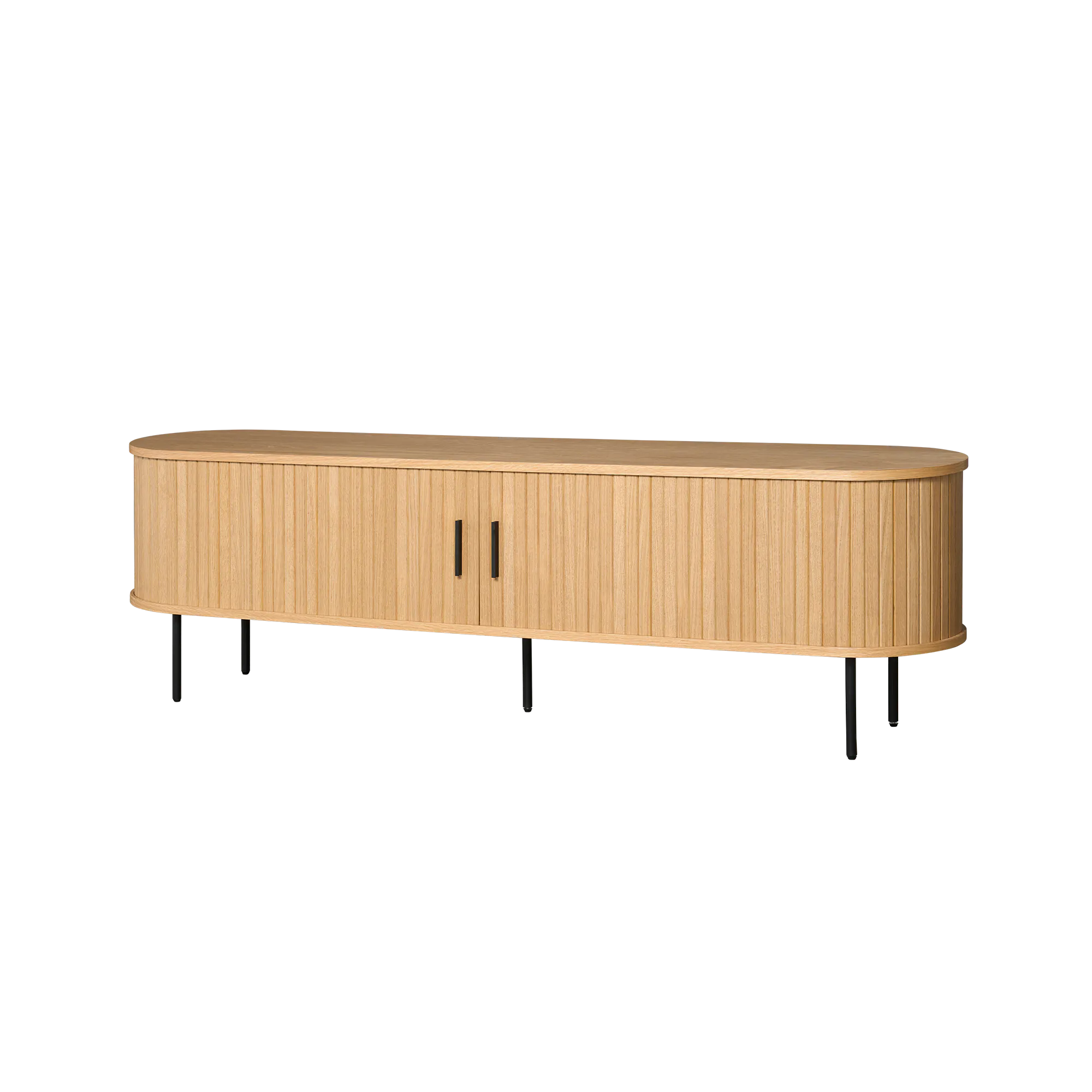 Nola TV Console 1.8m - Oak - 10 - Wooden table with black handles, minimalist design, circular shape, natural wood finish