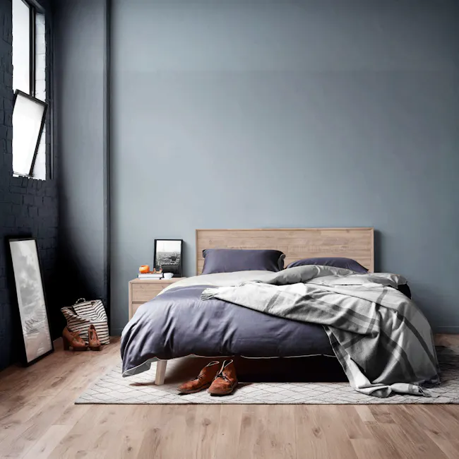 Leland Queen Bed - 4 - Modern bedroom, cozy atmosphere, minimalist design, neutral color palette, wooden headboard