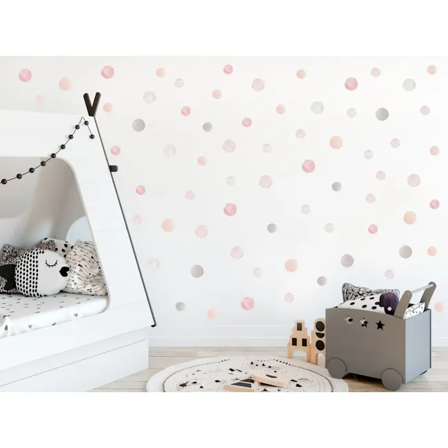 Urban Li'l Dreamy Watercolour Dots Fabric Decal (3 Colours) - 3 - White crib with polka dot and star patterns, soft pillows