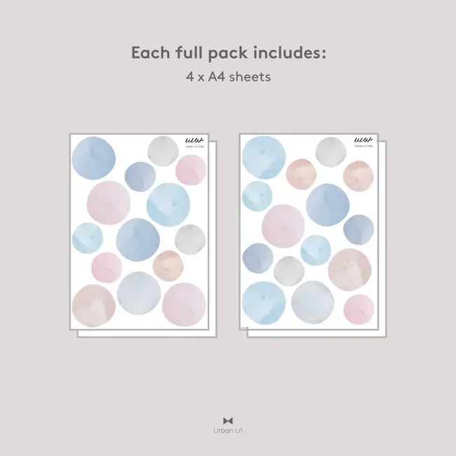 Urban Li'l Dreamy Watercolour Dots Fabric Decal (3 Colours) - 5 - Full pack of 4 A4 sheets, Soft pastel color palette
