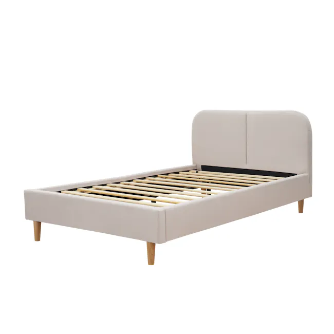 Nolan Single Bed - Oatmeal - 4 - White modern bed with wooden slats, minimalist design, wooden leg support, soft cushioned