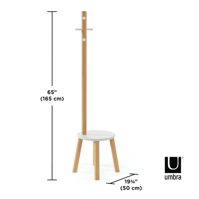 Pillar Coat Rack with Stool - White, Natural - 8 - 65-inch tall, minimalist design, wooden stand, white circular base