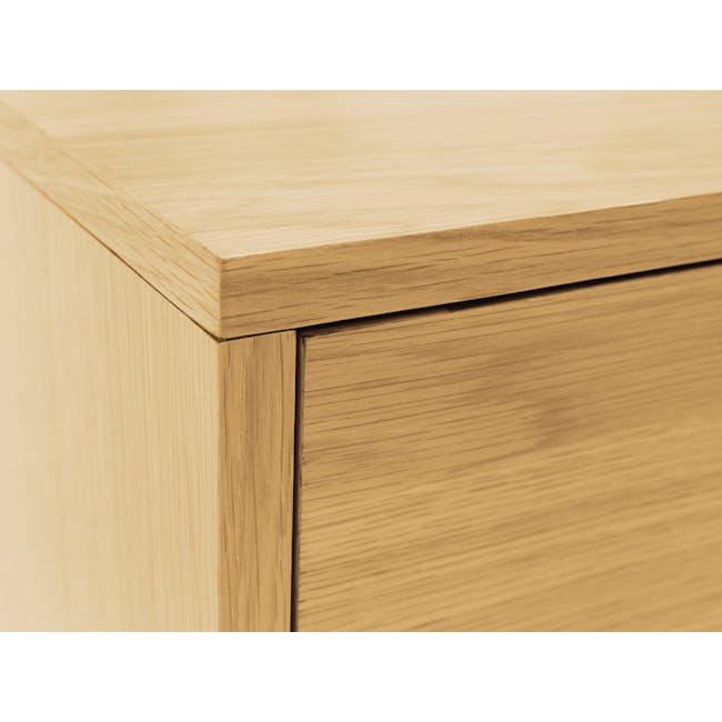 Kenzou Queen Bed in Oak, Grey Mist with 2 Kyoto Top Drawer Bedside Table in Oak - 19 - Wooden surface, close-up view