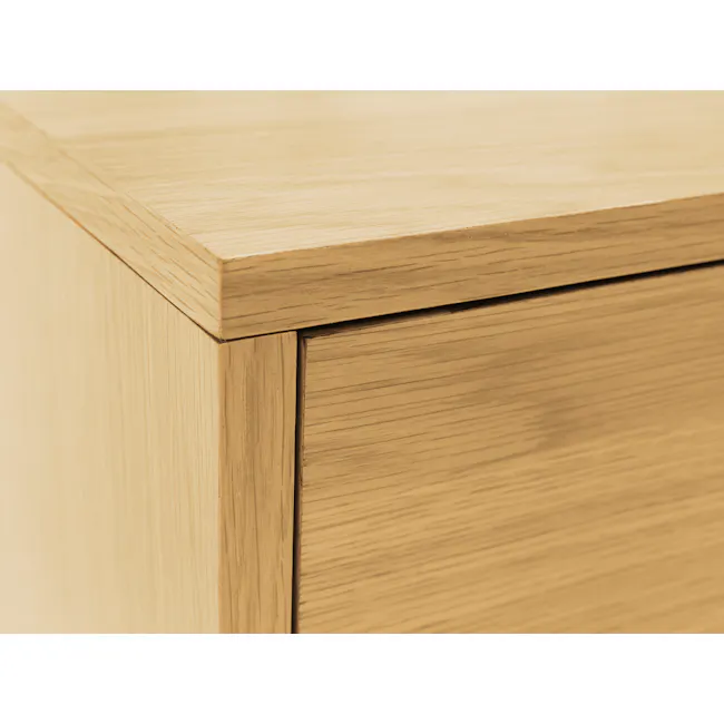 Kenzou Queen Bed in Oak, Grey Mist with 2 Kyoto Top Drawer Bedside Table in Oak - 19 - Wooden surface, close-up view