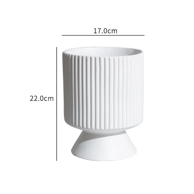 Nicki Ceramic Pot - White - 7 - White cylindrical lamp with ribbed texture, 17 cm height and 22 cm base, Modern design with