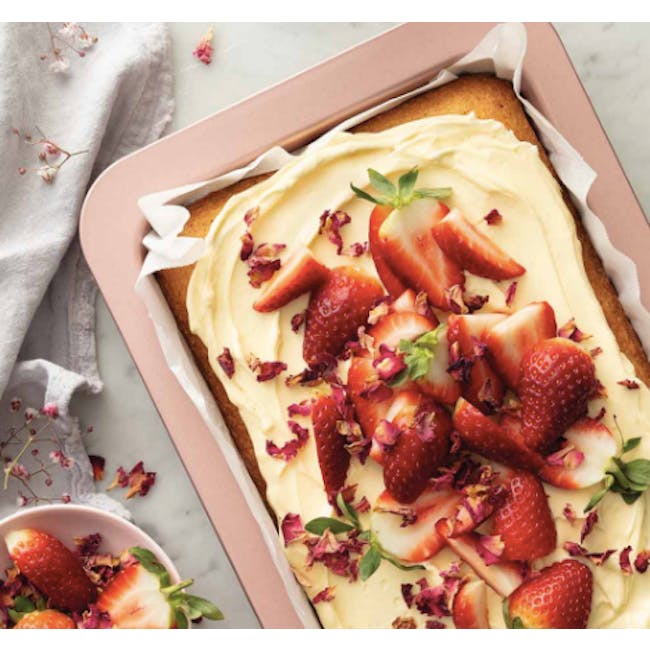 Wiltshire Rose Gold Slice Pan - 2 - Strawberry-topped cake, fresh strawberries, whipped cream, sliced strawberries, garnish