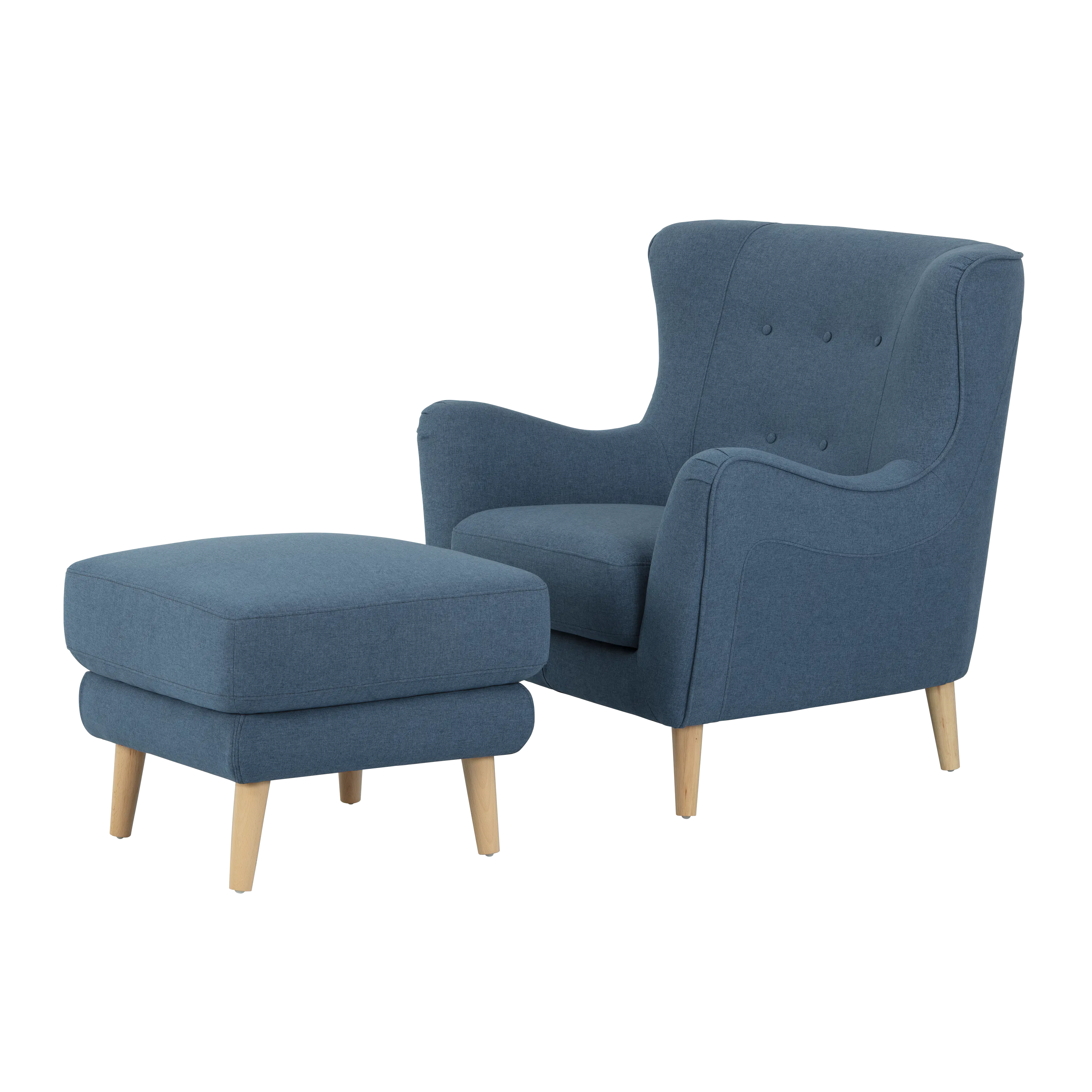 Jacob Ottoman - Denim - 10 - Blue upholstered armchair, wooden legs, cushioned footrest, modern design, soft fabric