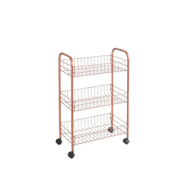 Metaltex Lugano 3 Tier Rolling Cart - Copper - 1 - Copper metal shopping cart with four shelves, black wheels, minimalist