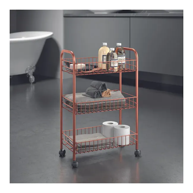 Metaltex Lugano 3 Tier Rolling Cart - Copper - 3 - Bathroom shelf, metal cart, organized storage, towels, toiletries