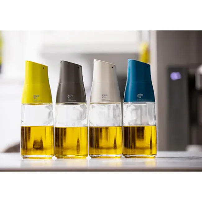 Zuutii Drip-Free Oil Carafe - Lemon Yellow - 4 - Sleek, modern design with transparent bottles, Yellow, gray, white, and