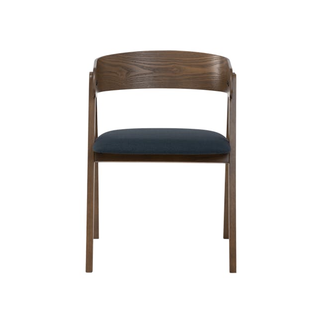 Melda Dining Armchair - Cocoa, Navy - 6 - Wooden chair with dark cushion, minimalist design, curved backrest, natural wood