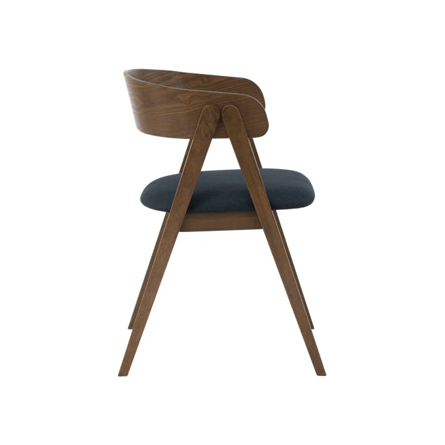Melda Dining Armchair - Cocoa, Navy - 4 - Modern wooden chair with dark blue cushion, sleek design, triangular legs, natural