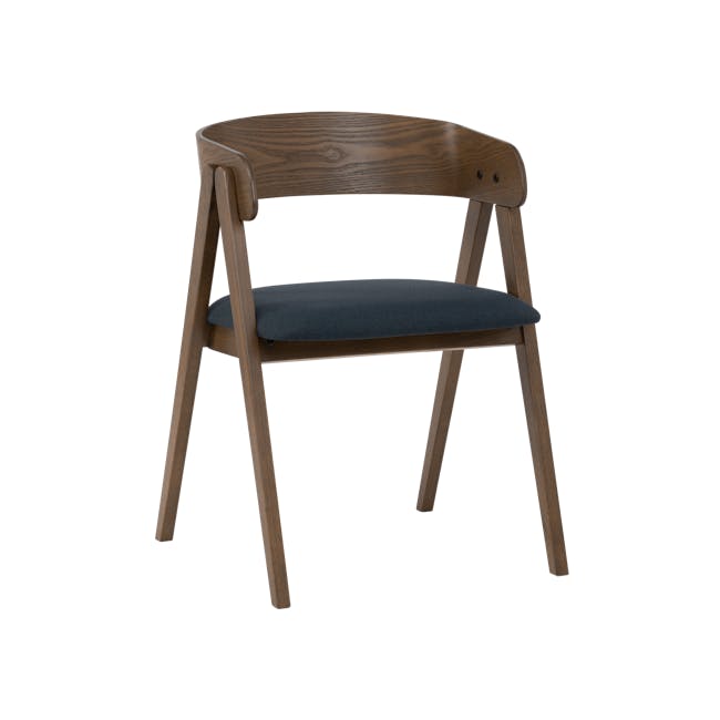 Melda Dining Armchair - Cocoa, Navy - 1 - Wooden chair with dark cushion, wooden legs, curved design, minimalist style