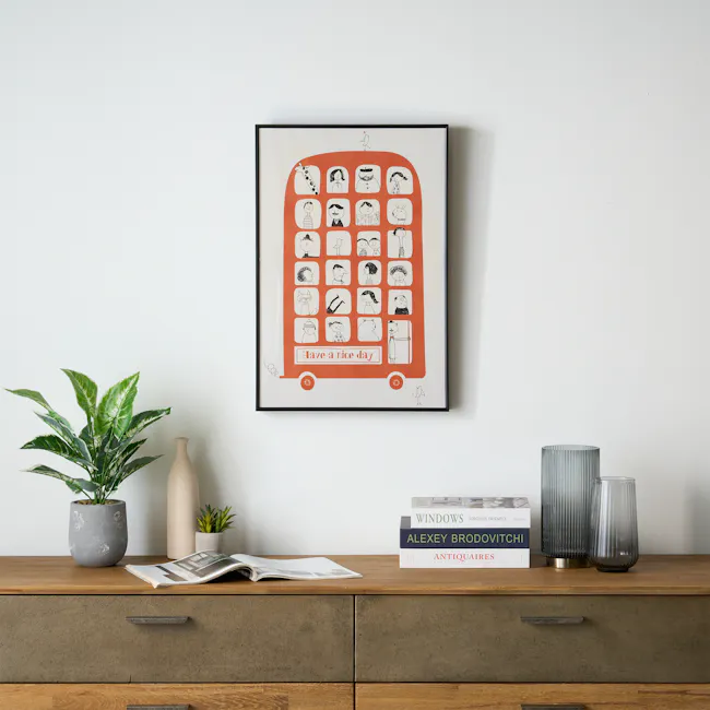 Whimsy on Wheels Framed Canvas 40 x 60 cm - 2 - Modern minimalist decor, abstract art, framed picture, orange background