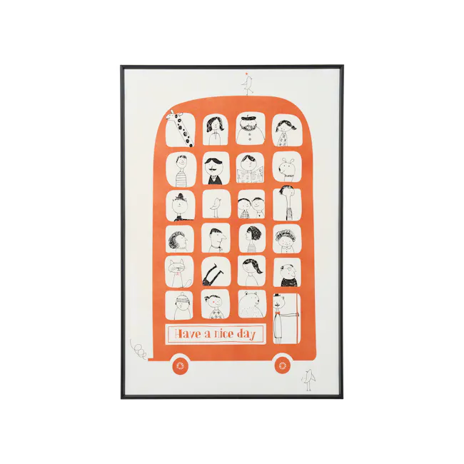 Whimsy on Wheels Framed Canvas 40 x 60 cm - 1 - Orange bus illustration, cartoon characters, diverse hairstyles, simple