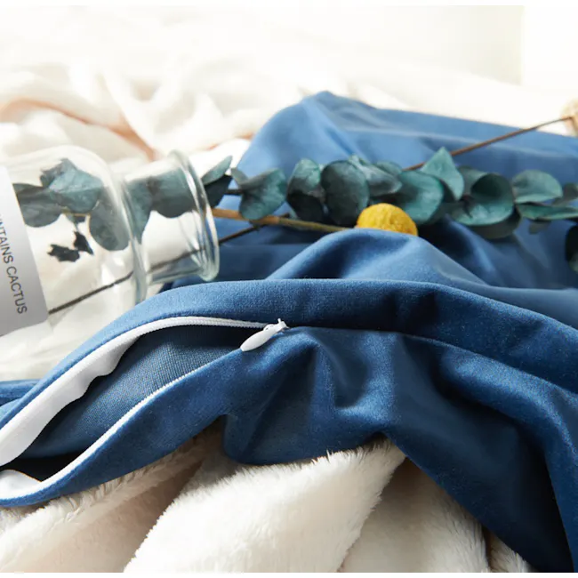 Alyssa Velvet Lumbar Cushion Cover - Jade - 4 - blue fabric, blue satin, white fluffy blanket, blue and white striped