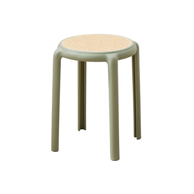 Alaska Stackable Stool - Sage - 1 - Elegant stool, light green color, round top, textured surface, four legs, minimalist