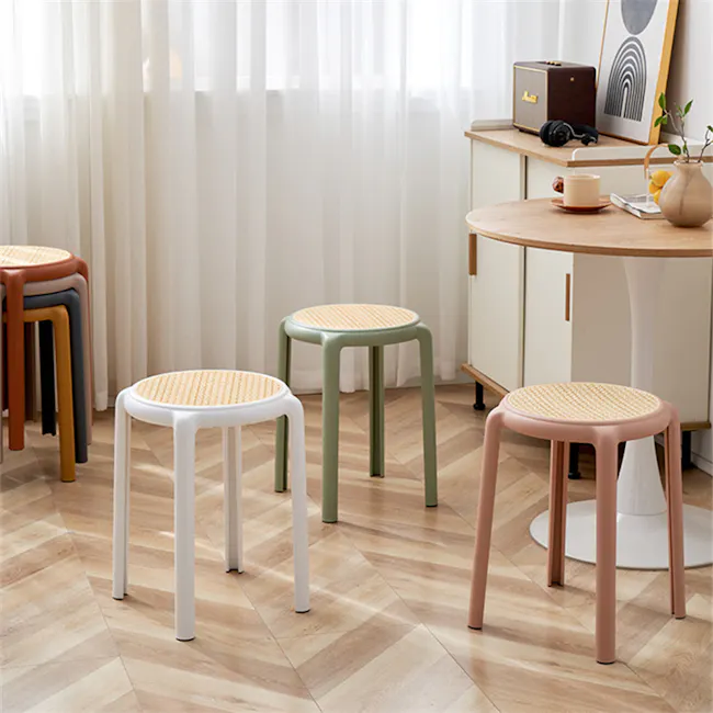 Alaska Stackable Stool - Sage - 3 - Colorful stools, wooden floor, herringbone pattern, light-colored curtains, small round
