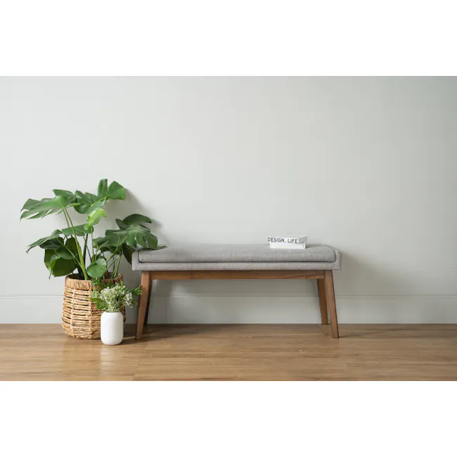 Fabian Bench 1.1m - Cocoa, Dolphin Grey (Fabric) - 2 - Wrought wooden bench, minimalist design, light gray cushion, natural