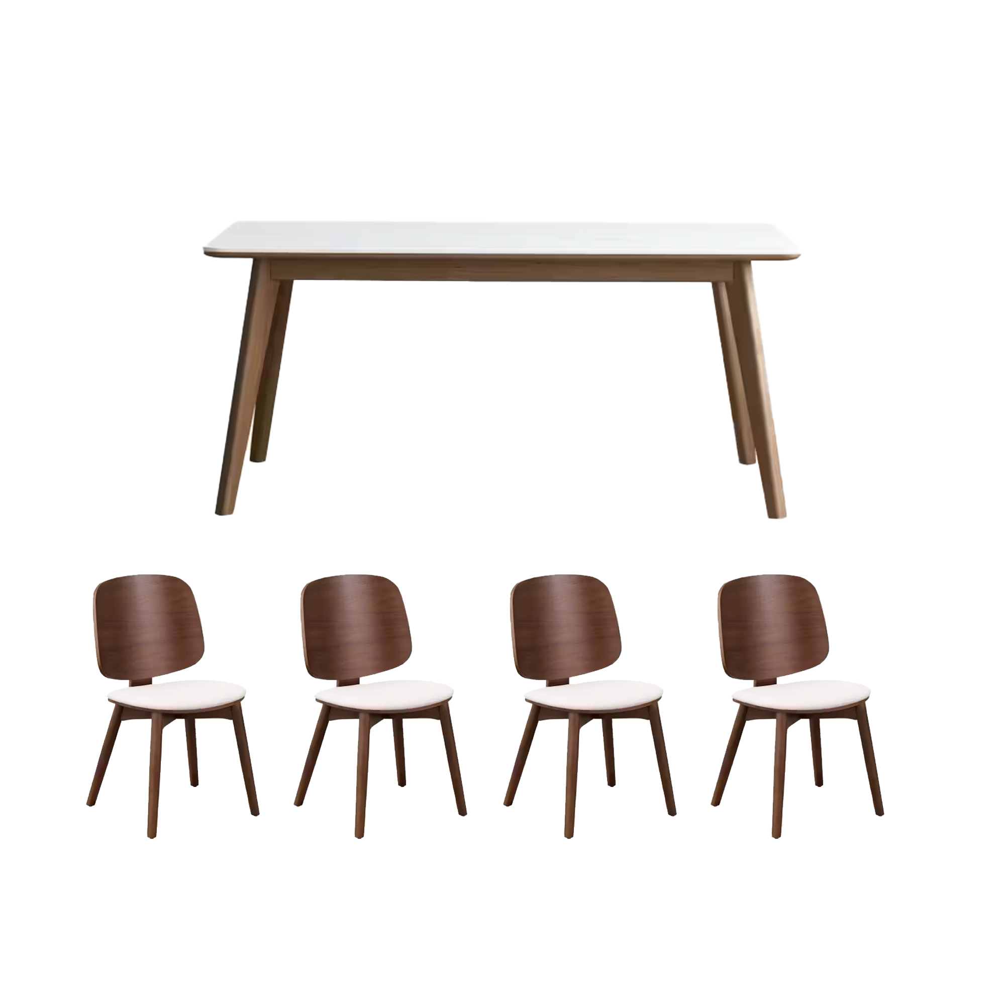 Nellie Dining Table 1.8m in Walnut (Sintered Stone) with 4 Rena Chairs in Walnut, White (Fabric)