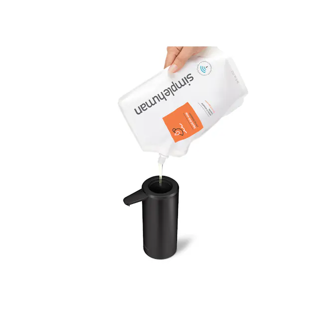 simplehuman 14oz Sensor Pump - Matte Black - 5 - Disposable water bottle, hand pouring, white bottle, orange label, liquid