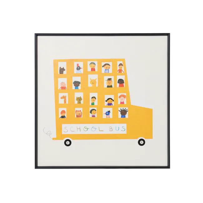 School Bus Adventure Framed Canvas 40 x 40 cm - 1 - School bus illustration, children's faces, colorful characters, playful