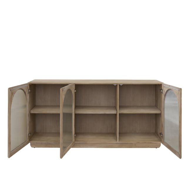 Catania Sideboard 1.6m - 5 - Wooden shelf with glass doors, minimalist design, open shelving, empty compartments, light