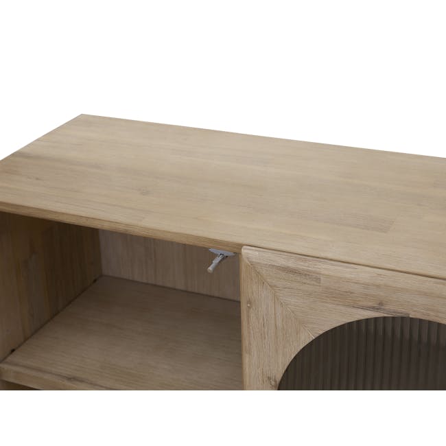 Catania Sideboard 1.6m - 10 - Wooden desk with curved top, light brown natural wood finish, small screw on side, wooden