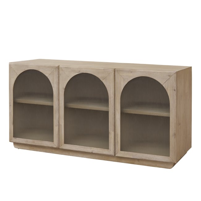 Catania Sideboard 1.6m - 6 - Light wooden cabinet with three arched doorways, beige interior, textured surface, minimalist