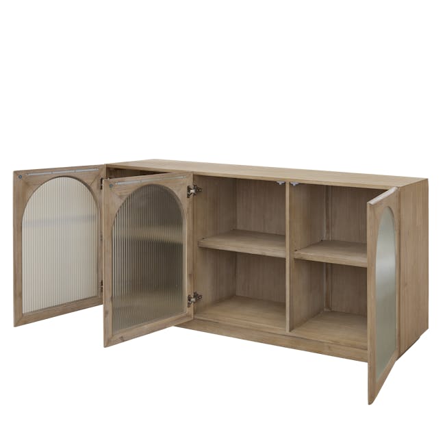Catania Sideboard 1.6m - 7 - Wooden shelf with glass doors, minimalist design, open shelving, empty compartments, natural