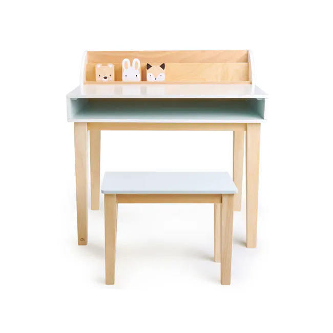 Tender Leaf Forest Desk and Chair - 1 - Wooden desk with light blue bench, minimalist design, light wooden legs, small