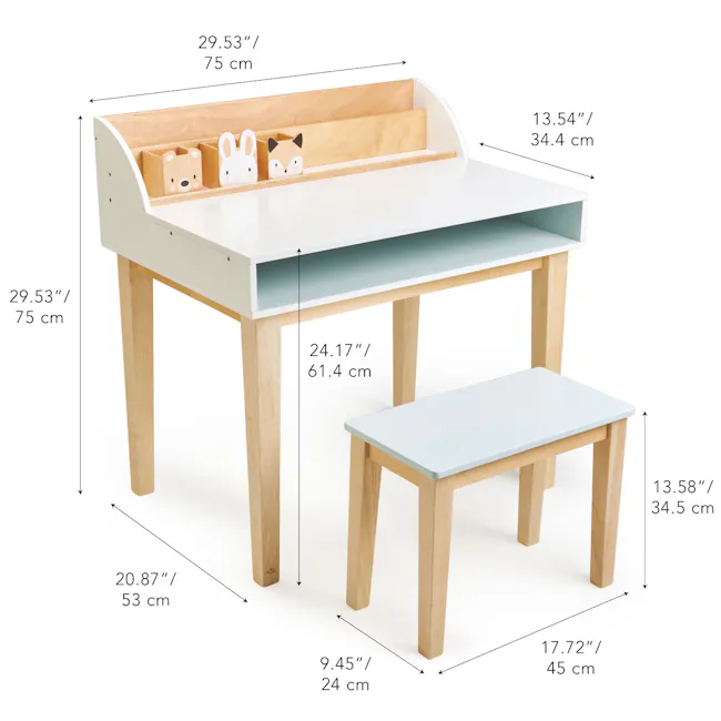 Tender Leaf Forest Desk and Chair - 9 - Wooden desk with built-in storage, 53" wide, 75 cm tall, 17" deep, 58" high, 72"
