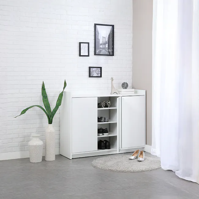 Vans Mirror Shoe Cabinet 1.2m - 3 - White brick wall, minimalist decor, modern furniture, white cabinet, open shelving