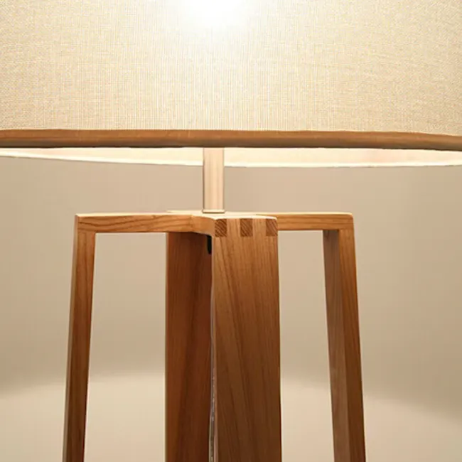 Amber Floor Lamp - Walnut, Black - 6 - Wooden lamp with textured fabric shade, minimalist design, natural wood finish