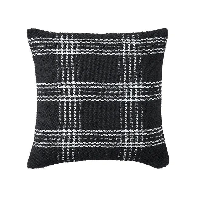 Kelsey Plaid Weaved Cushion - Black - 1 - Black and white plaid pattern, textured fabric, knitted fabric, corduroy effect