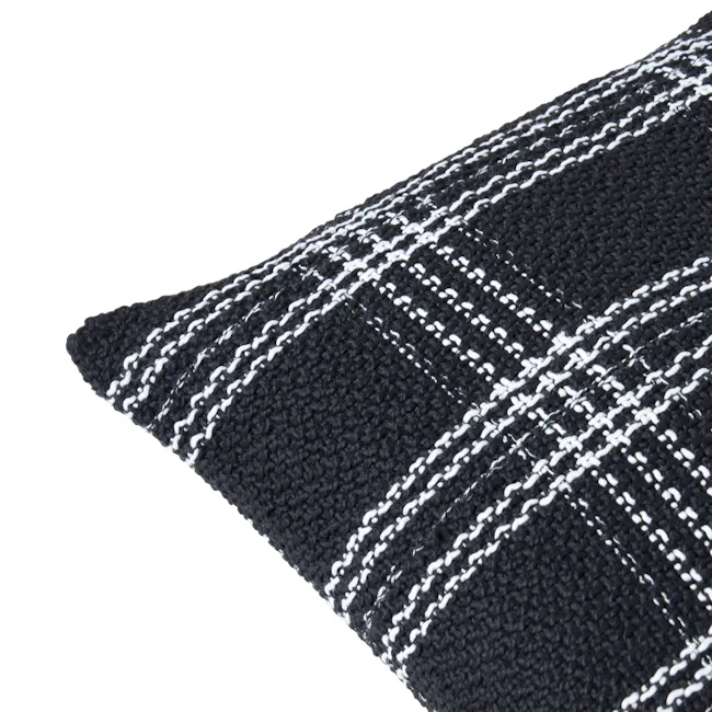 Kelsey Plaid Weaved Cushion - Black - 4 - Black and white plaid pattern, textured fabric, knitted texture, close-up view