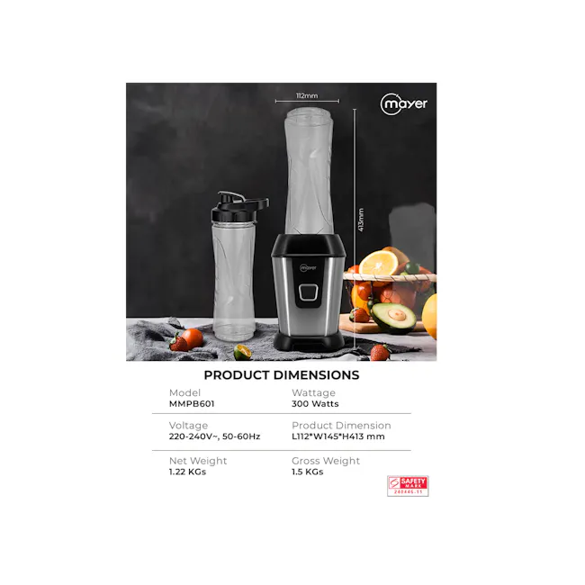 Mayer 600ml Personal Blender (MMPB601) - 10 - MMB601 blender with stainless steel and black accents, 300 watts power source