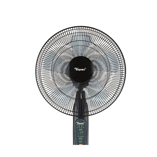TOYOMI Stand Fan with Remote 16" - FS 1654R - 2 - Electric fan, black and silver design, top view, central hub, branded