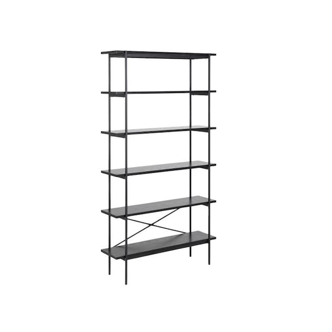 Fraser Bookshelf - 2 - - Black metal shelving unit with multiple shelves, - Minimalist design with clean lines, - Open