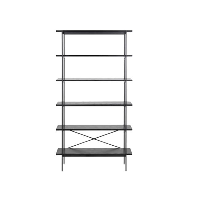Fraser Bookshelf - 1 - Modern minimalist shelving unit, sleek metal design, three-tiered structure, black and gray color