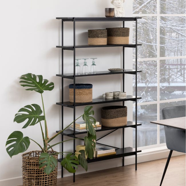 Fraser Bookshelf - 11 - black metal shelving unit, modern interior design, indoor plant, large green leaf, indoor garden