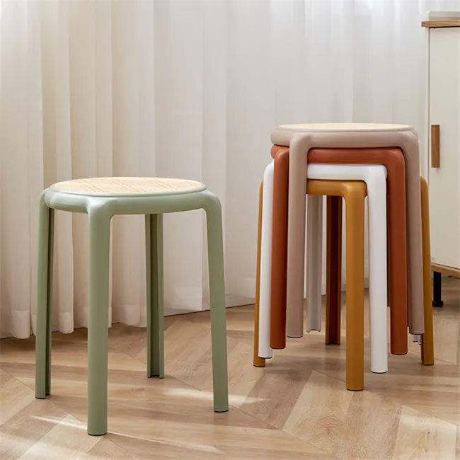 Alaska Stackable Stool - Pink - 4 - Modern minimalist stool, pastel green top, wooden base, multi-colored legs, light wooden