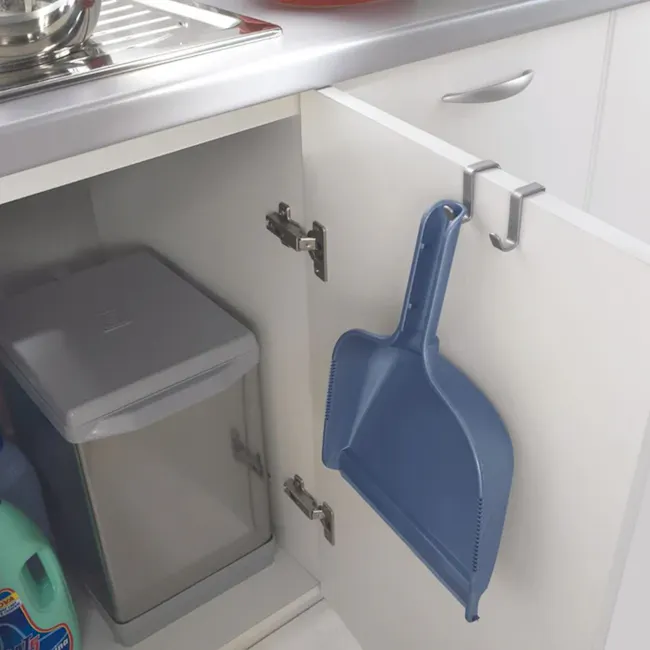 Metaltex Double Hook - Silver - 3 - Under-cabinet storage bin, blue plastic scoop, stainless steel countertop, white kitchen