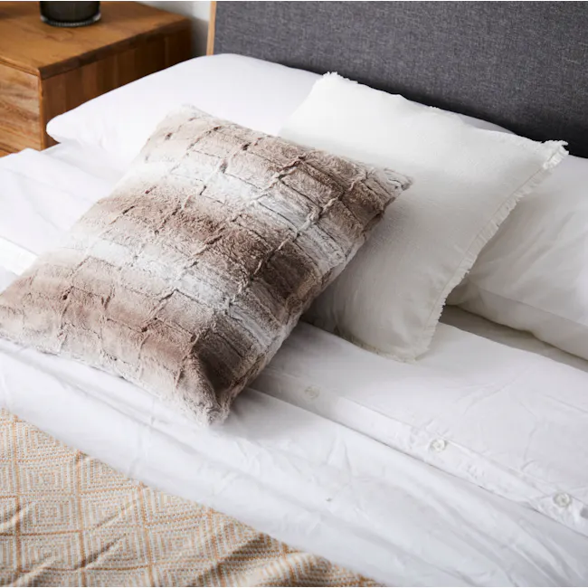 Scylla Fringe Cushion Cover - White - 3 - Cream and beige textured throw pillow, white crisp pillow, wooden nightstand