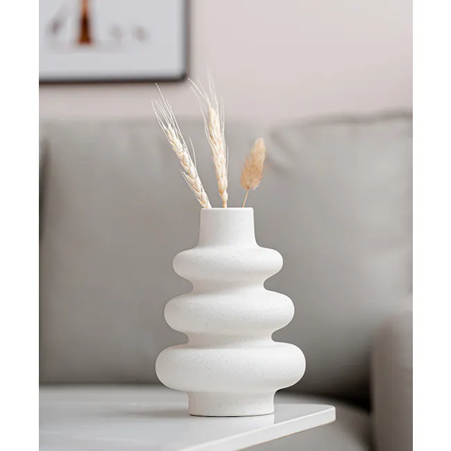 Lenny Ceramic Vase - 3 - vase, ceramic, textured, white, tiered, modern, minimalist, natural, wheat, sprigs, soft-focus