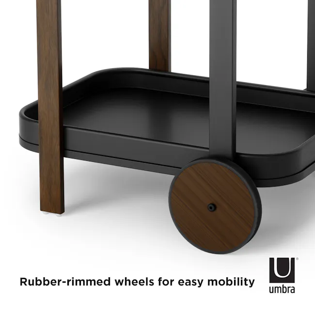 Bellwood Serving Cart - Black, Walnut - 6 - Wooden legs, black caster wheels, ergonomic design, rubber-ripped wheels, easy