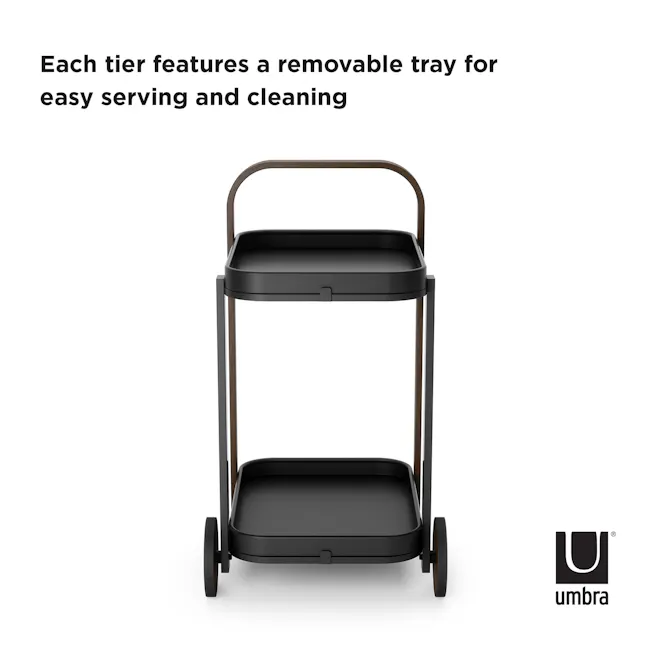 Bellwood Serving Cart - Black, Walnut - 8 - Removable tray, easy serving, easy cleaning, tiered design, black tray, metal