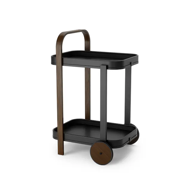 Bellwood Serving Cart - Black, Walnut - 1 - Wooden handle, black tray, minimalist design, black metal frame, wooden legs